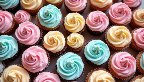 Soft pastel cupcakes arranged in a circular formation with creamy buttercream toppings. photo