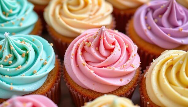A close up of pastel cupcakes topped with smooth buttercream and sprinkled with fine sugar dust. photo