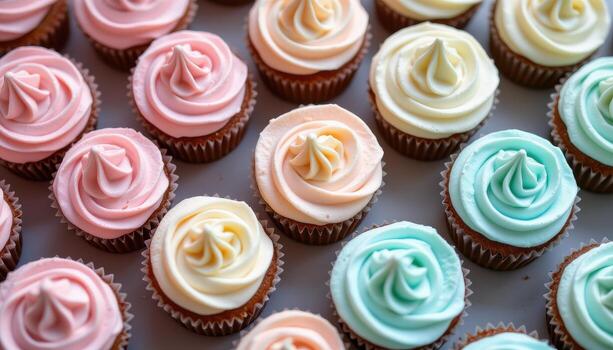 A modern dessert composition with pastel cupcakes and smooth buttercream swirls in soft tones. photo