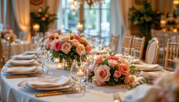 A high class event table setup with roses, glass plates, and shimmering decor. photo