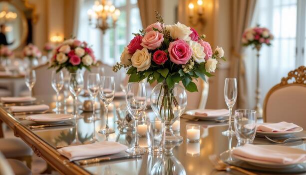 A luxurious event table with roses, mirrored surfaces, and crystal stemware. photo