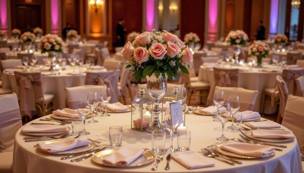 A refined event table featuring roses, satin napkins, and mirrored centerpieces. photo