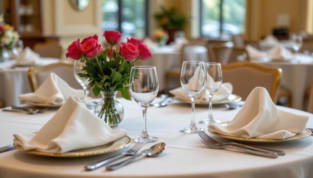 A sophisticated indoor table with roses, folded napkins, and polished utensils. photo