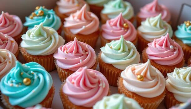 An array of pastel cupcakes with buttercream swirls and golden edible accents in a light setting. photo