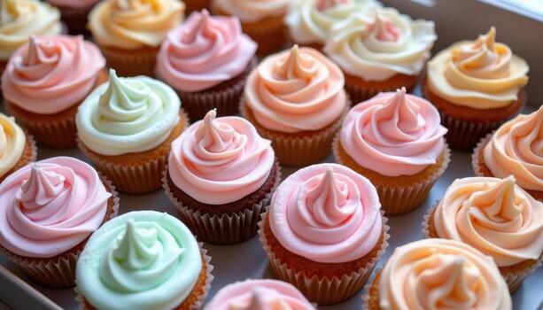 A luxurious display of pastel cupcakes with glossy buttercream frosting in soft, elegant tones. photo