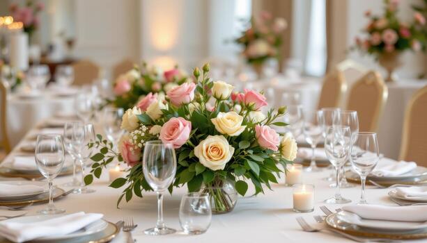 A refined event table with roses, elegant glassware, and symmetrical decor. photo