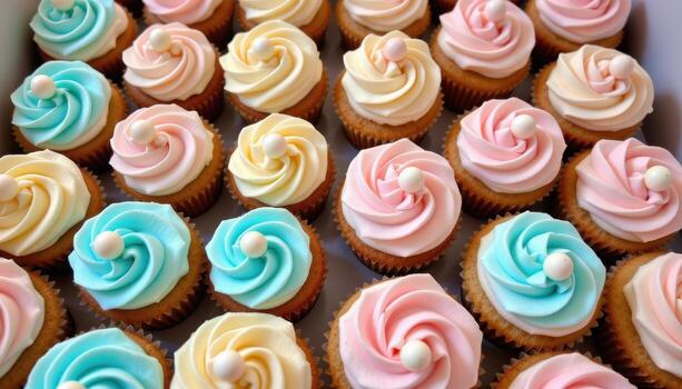 Pastel cupcakes topped with whipped buttercream rosettes and pastel sugar pearls, perfectly arranged in even rows. photo