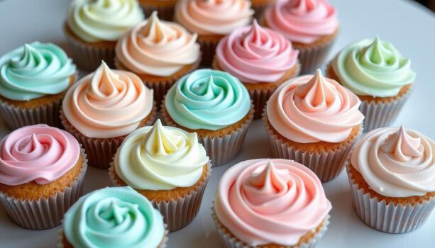 Soft pastel cupcakes with luxurious buttercream textures arranged in a balanced composition with elegant tones. photo