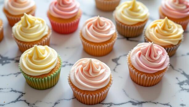 suave pastel magdalenas coronado con azotado crema de mantequilla, rodeado por difundido ligero en un mármol mesa. foto