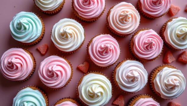 A pastel dessert flat lay with cupcakes topped with rich buttercream in delicate, harmonious tones. photo