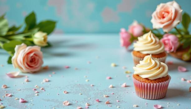 un sofisticado pastel magdalena diseño presentando cremoso crema de mantequilla rosetas y elegante suave Encendiendo. foto