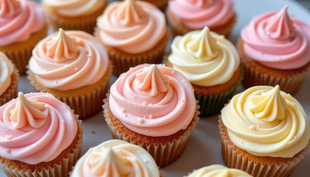 A refined pastel cupcake setup featuring detailed buttercream piping and soft gradients. photo