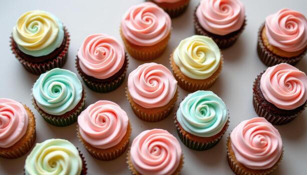 A minimalist pastel display with cupcakes topped with rich buttercream rosettes. photo