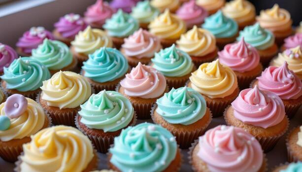 Elegant pastel cupcakes arranged in even rows with glossy buttercream details. photo