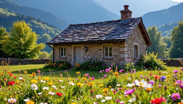 un rústico Roca cabaña con un Chimenea soportes tranquilamente en un flor silvestre prado, bañado en suave difundido luz de sol. foto