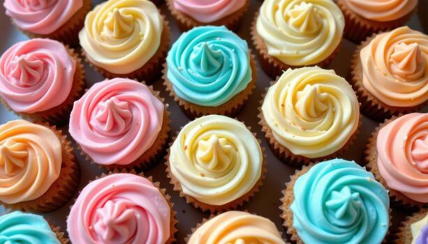 Soft pastel cupcakes arranged gracefully with smooth buttercream and gentle illumination. photo