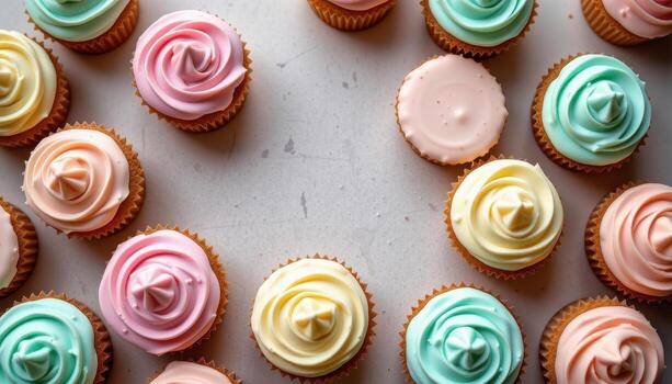 A refined flat lay of pastel cupcakes with glossy buttercream frosting under natural light. photo