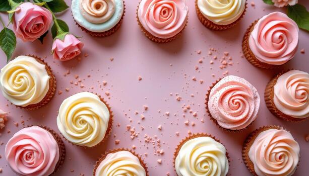 A luxurious dessert flat lay with pastel cupcakes and perfectly piped buttercream rosettes. photo