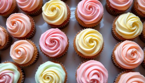 A pastel dessert display with symmetrical cupcakes and perfectly smooth buttercream. photo