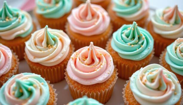 A pastel dessert display with cupcakes topped with velvety buttercream and metallic dust. photo