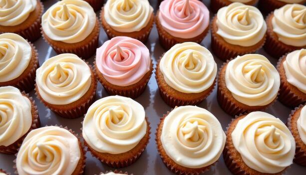 A soft pastel cupcake display with creamy buttercream swirls in subtle tones. photo
