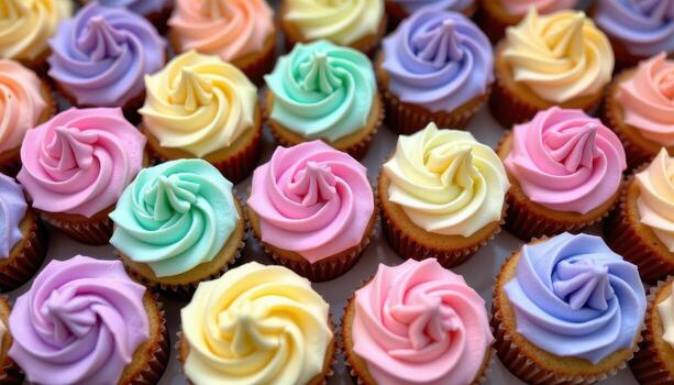 Luxurious pastel cupcakes arranged symmetrically, topped with silky buttercream peaks. photo
