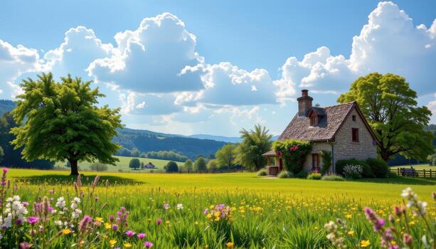 A tranquil stone cottage with a chimney rests in a sunlit meadow where soft clouds drift slowly across the sky. photo