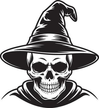 Creepy Skull Wizard Illustration Wearing a Hat with a Cape in a Black and White Style vector