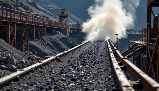 A continuous conveyor belt moves coal through a mining facility, dust rising from the load and metal structures forming an industrial network. photo