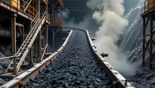 A heavy duty conveyor belt moves black coal through an industrial mining facility, with dust rising, scaffolding, and metal structures forming a complex mechanical environment. photo