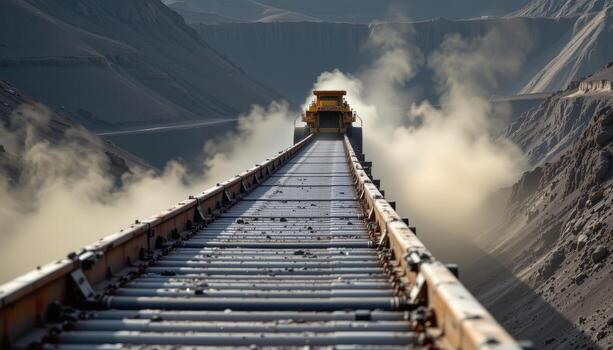 A reinforced conveyor belt winds through a mining facility transporting coal, with dust clouds rising and machinery humming along its path. photo