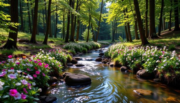 A sparkling forest stream winds gently through tall green trees, with flowers decorating the water's edge. photo