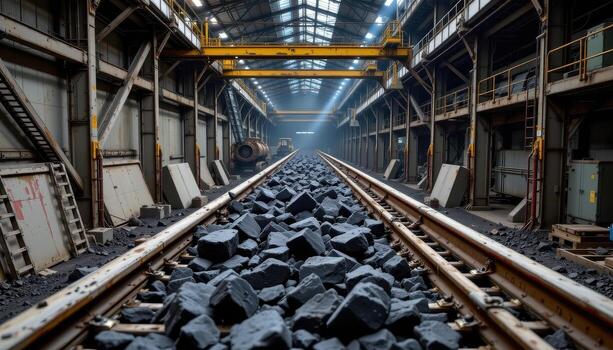 A wide conveyor belt transports chunks of coal through a mining plant, with steel frameworks, scaffolding, and industrial lights overhead. photo
