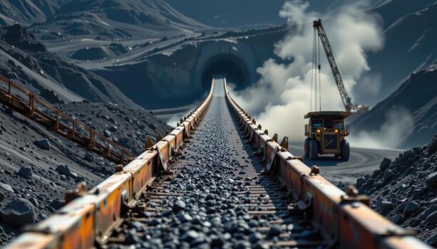 A continuous conveyor belt transports coal through a mining facility, dust rising and industrial equipment creating a rugged atmosphere. photo