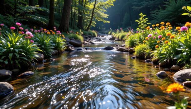 A crystal clear stream flows quietly through a lush forest, its edges lined with ferns and colorful flowers under soft sunlight. photo