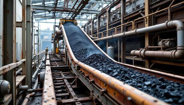 A coal laden conveyor belt moves steadily through an industrial mining plant, with metal frameworks and pipes forming a dense mechanical network around it. photo