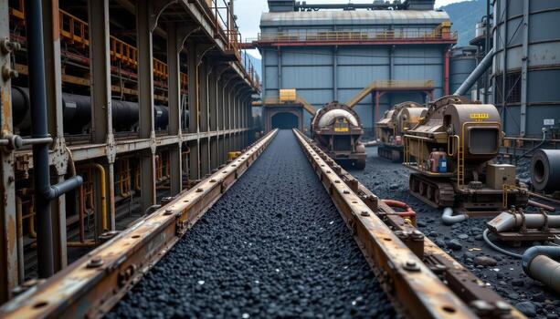 A long conveyor belt transports coal efficiently through a mining plant, with metal supports, pipes, and heavy machinery forming a complex environment. photo