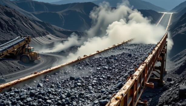 A heavy duty conveyor belt transports coal through a mining plant, dust rising from the load and machinery operating in the background. photo