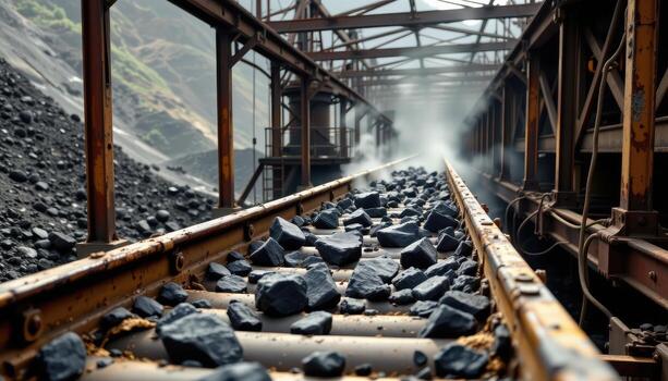 A wide conveyor belt in a mining facility carries chunks of coal, with dust clouds and metal infrastructure creating a rugged industrial scene. photo