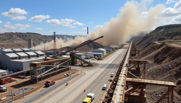 A reinforced conveyor belt carries coal continuously through a mining facility, with dust clouds rising and industrial structures surrounding it. photo