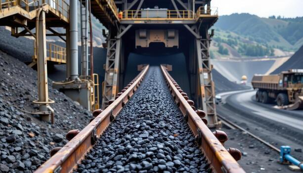 A reinforced conveyor belt moves black coal through a large mining facility, with overhead catwalks and heavy machinery visible along its path. photo