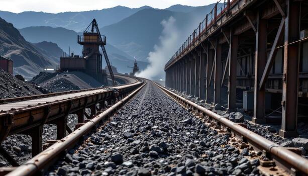 A coal laden conveyor belt winds through an expansive mining plant, with machinery, dust clouds, and metal supports adding to the industrial atmosphere. photo