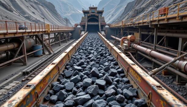 A continuous conveyor belt carries chunks of coal through a large mining facility, surrounded by machinery, steel frameworks, and pipes. photo