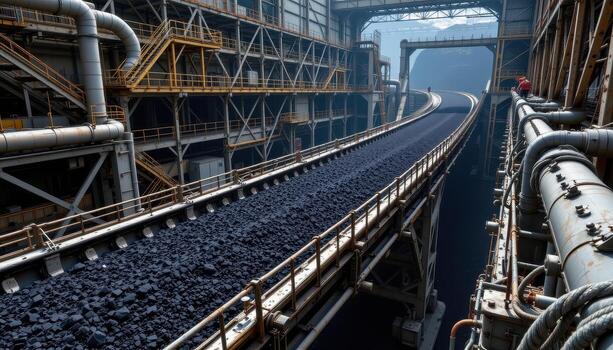 A massive conveyor belt transports coal through a mining facility, with steel frameworks, scaffolding, and pipes forming a complex industrial environment. photo