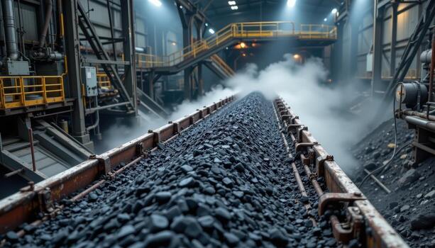 A massive coal conveyor belt runs through a mining plant, dust rising from the moving load and industrial lights casting shadows. photo