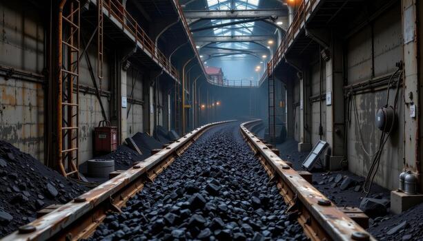 A heavy conveyor belt runs through a mining plant carrying coal, with industrial lighting, scaffolding, and metal supports creating a rugged environment. photo