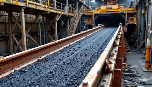 A reinforced coal conveyor belt runs steadily through a mining plant, with metal frameworks and catwalks creating an industrial environment. photo