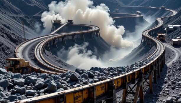 A high speed conveyor belt winds through a mining plant, moving chunks of coal with dust clouds rising and machinery operating nearby. photo