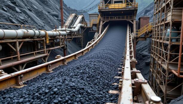 A high speed conveyor belt carries coal steadily through a mining plant, with steel frameworks, pipes, and scaffolding surrounding it. photo