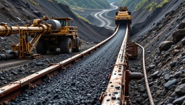 A continuous coal conveyor belt winds through a mining facility, with machinery, pipes, and dust creating a rugged industrial scene. photo